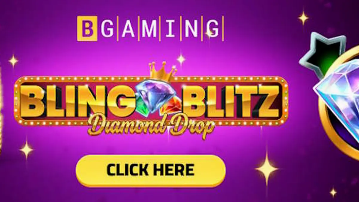 Tampilan visual mewah dari slot Bling Blitz Diamond Drop dengan simbol berlian dan koin emas.