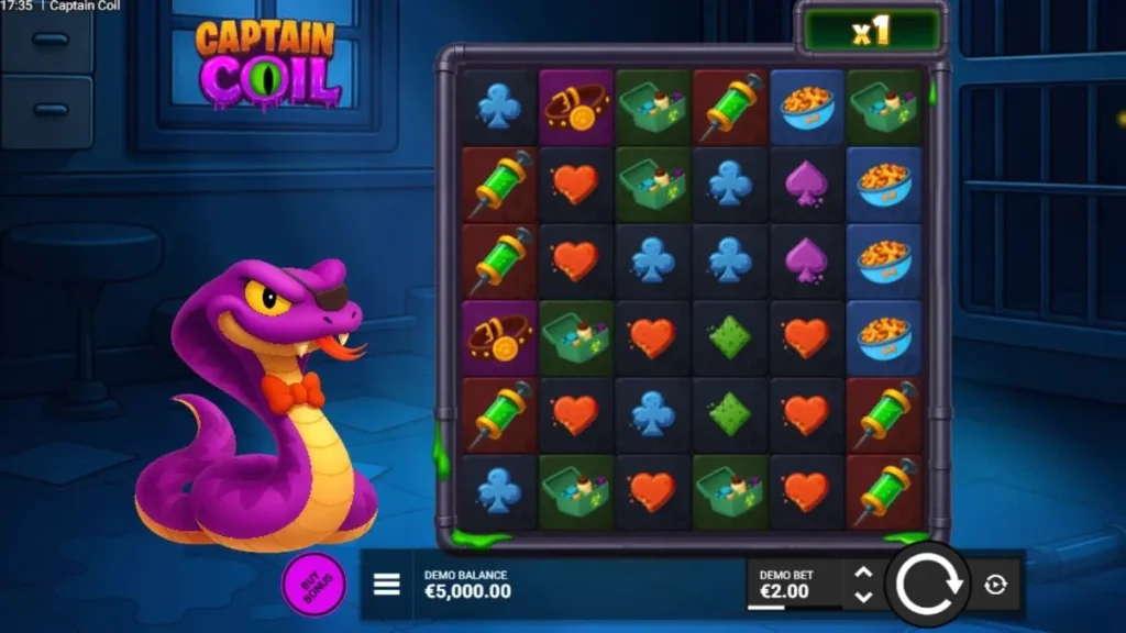 Layar permainan slot Captain Coil dengan tema laboratorium steampunk dan ular ilmuwan
