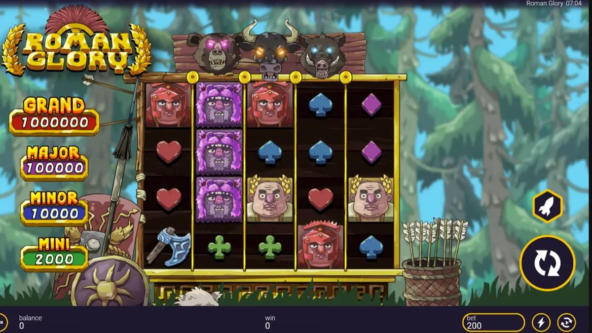 Tampilan visual slot Roman Glory dengan tema hutan dan prajurit Romawi