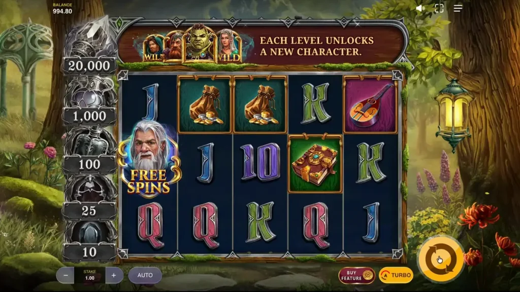 Tampilan visual slot Land of Riches dengan tema hutan fantasi dan karakter heroik